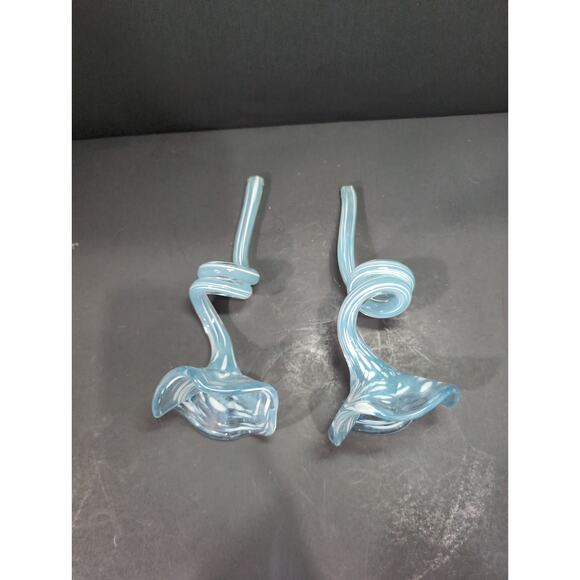 Art Glass Flower Set Of 2, Blue White Flecks, Curled Stem Decor, Glass Flower - Picture 6 of 8